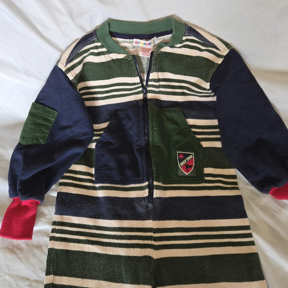 Gymboree Boys Vintage Rainbow Tag Green and Navy Striped Kids Footie